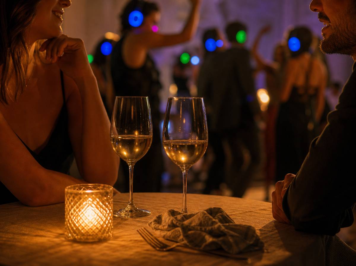 Rozmowa gości przy stole podczas silent disco w tle wesela