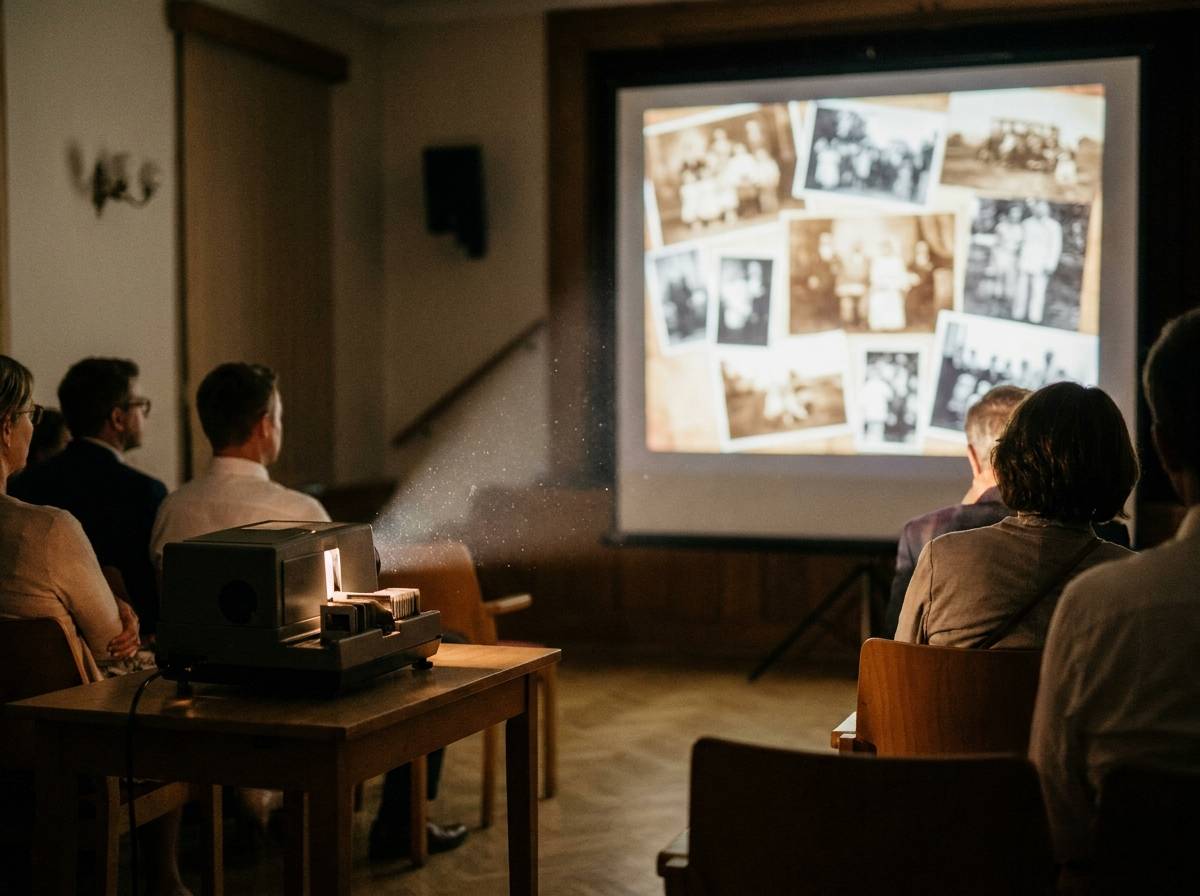 Rzutnik wyświetlający zdjęcia z dzieciństwa pary młodej podczas przyjęcia weselnego