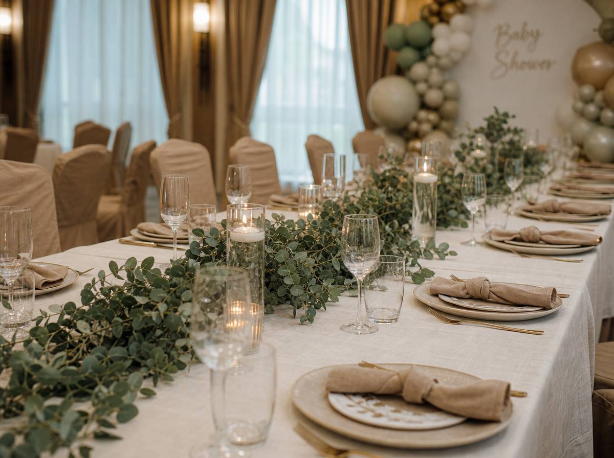 Sala bankietowa z nakrytym stołem przygotowana na baby shower