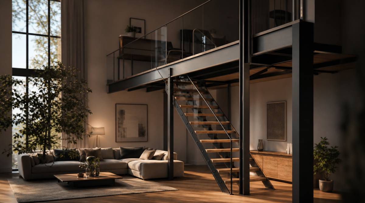 Salon z antresolą i przeszkloną balustradą pokazujący proporcje wysokiego wnętrza