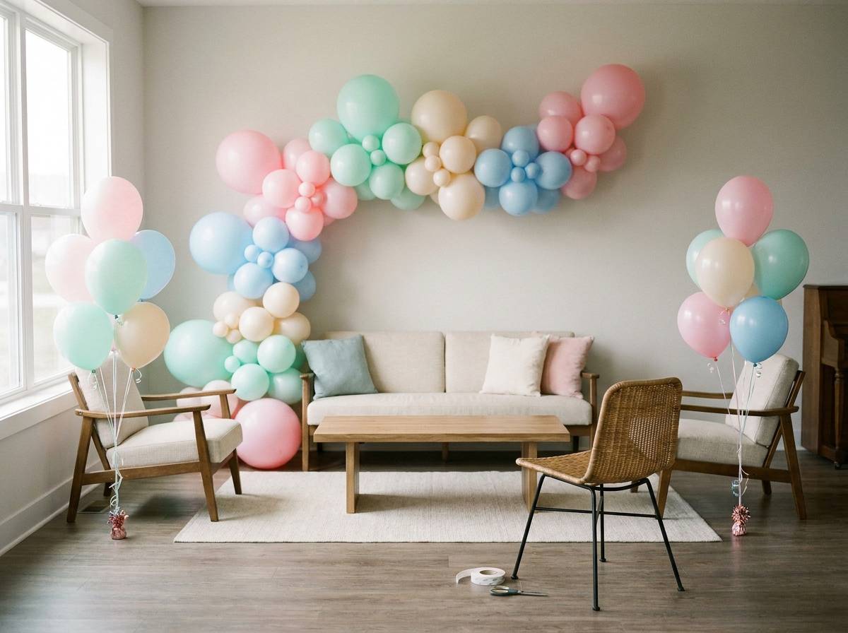 Kameralny salon z girlandą balonową i bukietami balonów przygotowany na baby shower