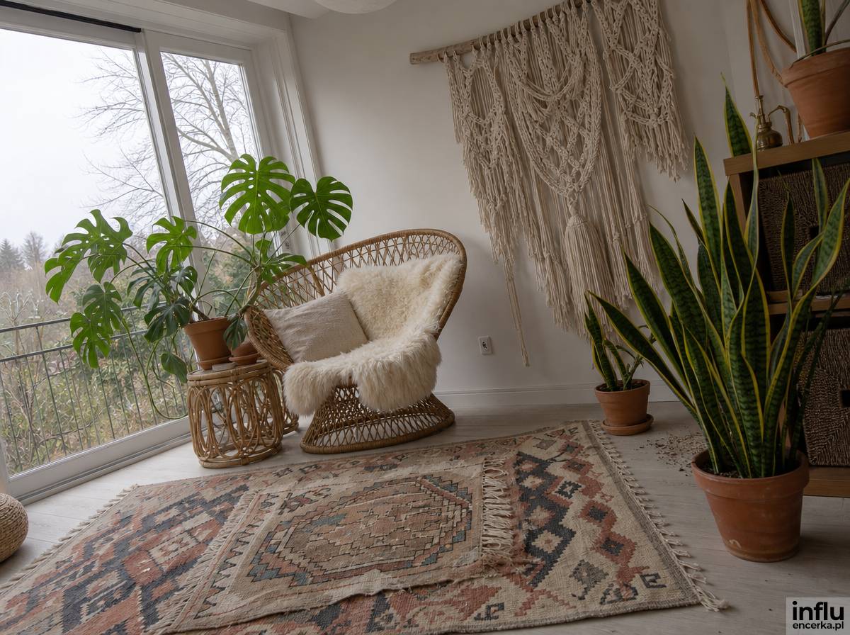 Pokój dzienny boho z tkaninami, makramą i roślinami doniczkowymi