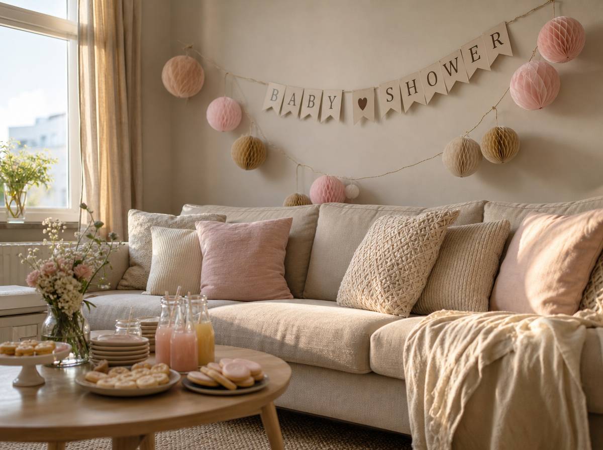 Salon udekorowany na kameralne baby shower zorganizowane w domu