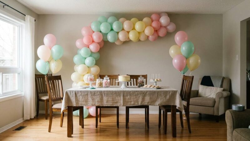 Salon udekorowany na baby shower z pastelową girlandą balonową i candy barem