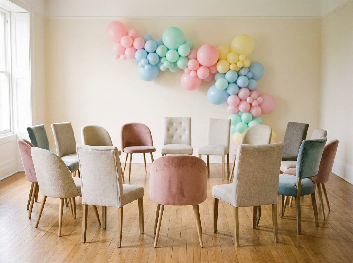 Krzesła ustawione w kole w salonie przygotowanym na zabawy podczas baby shower