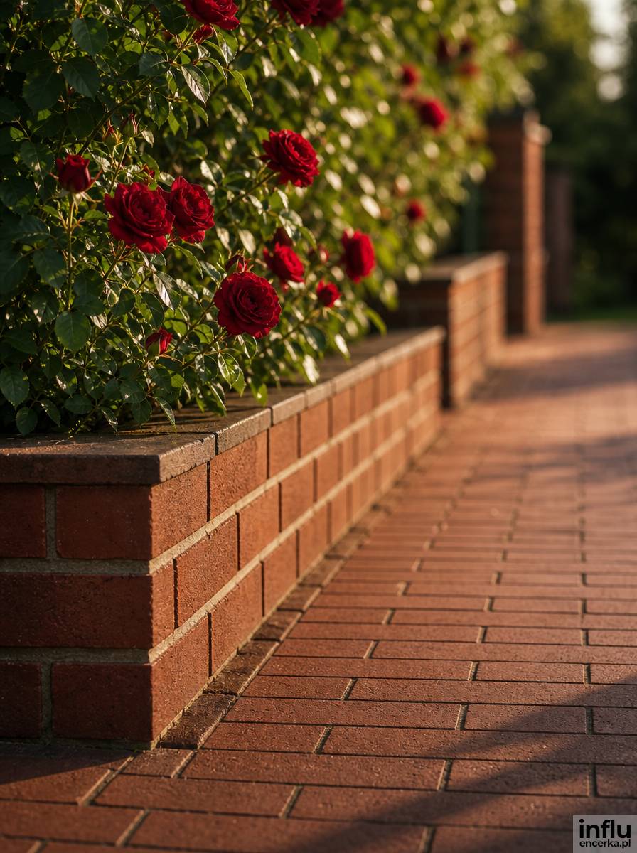 Ścieżka z nowej cegły klinkierowej wzdłuż murku z różami pnącymi