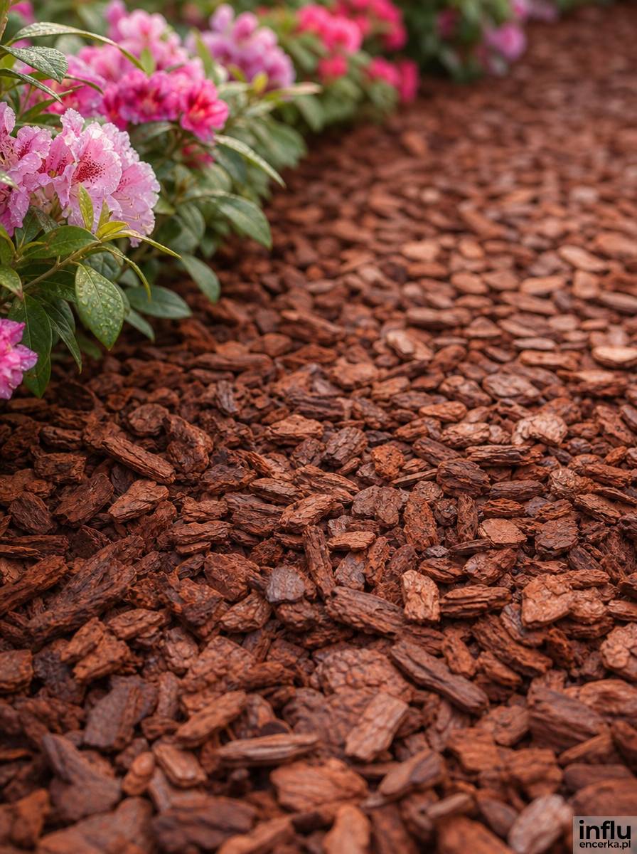Ścieżka pokryta korą sosnową wśród rododendronów i azalii
