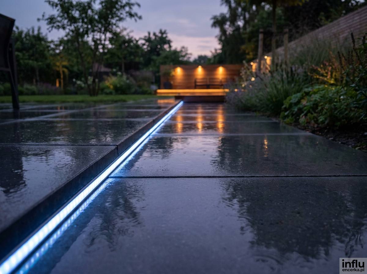 Podświetlona listwami LED ścieżka w nowoczesnym ogrodzie o zmroku