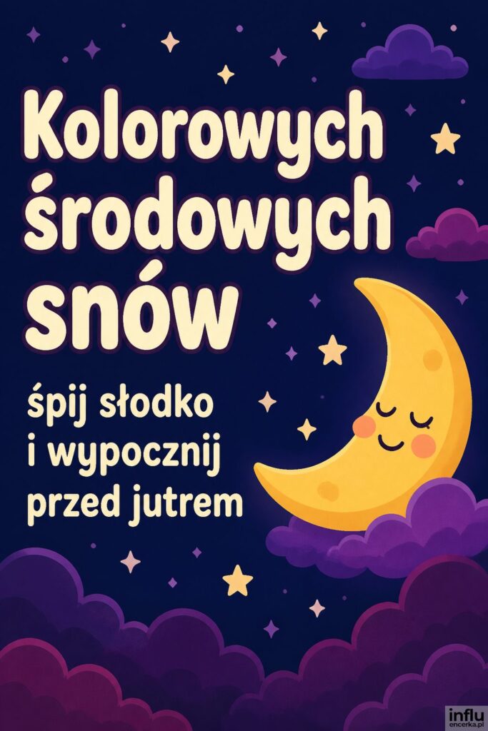Kreskówkowy uśmiechnięty księżyc i gwiazdki z nagłówkiem „Kolorowych środowych snów”.