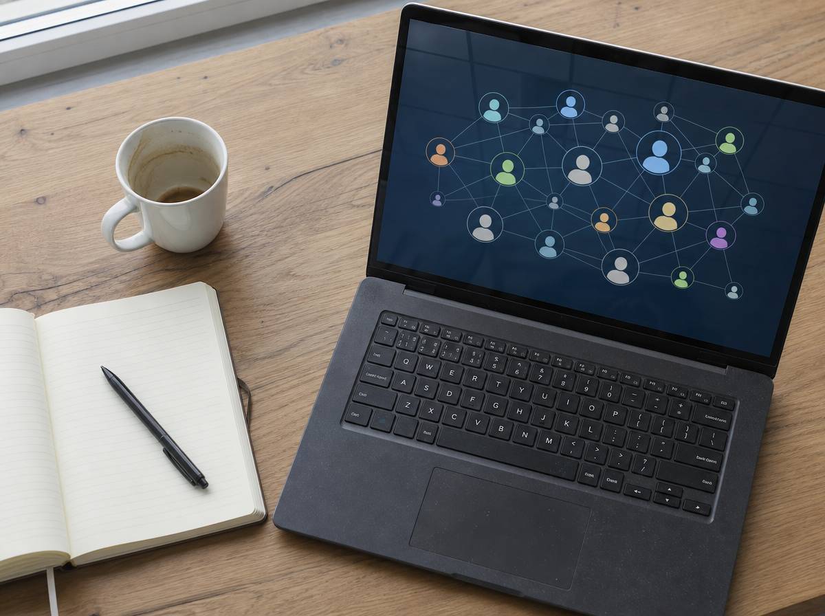 Ekran laptopa z siecią połączonych profili symbolizującą platformę social media