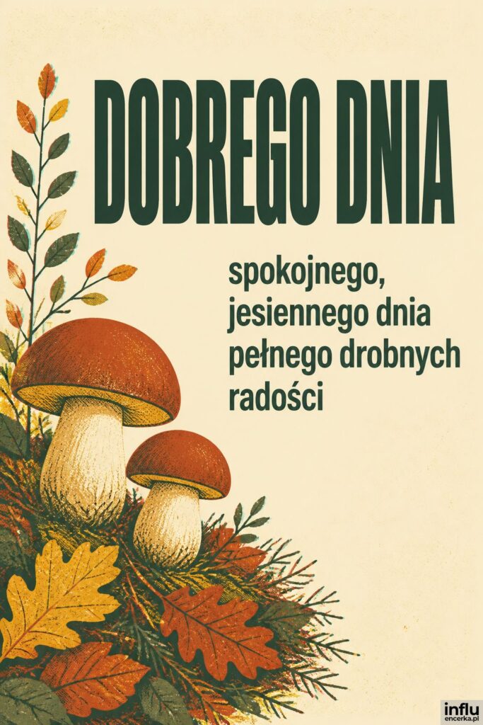 Sitodrukowe grzyby borowiki w ściółce po lewej z napisem „DOBREGO DNIA” na kremowym tle.