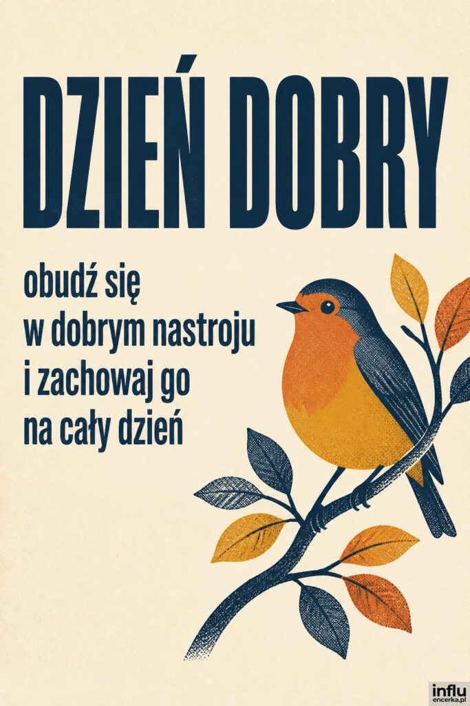Sitodrukowy rudzik na gałązce z listkami po prawej z napisem „DZIEŃ DOBRY” po lewej.
