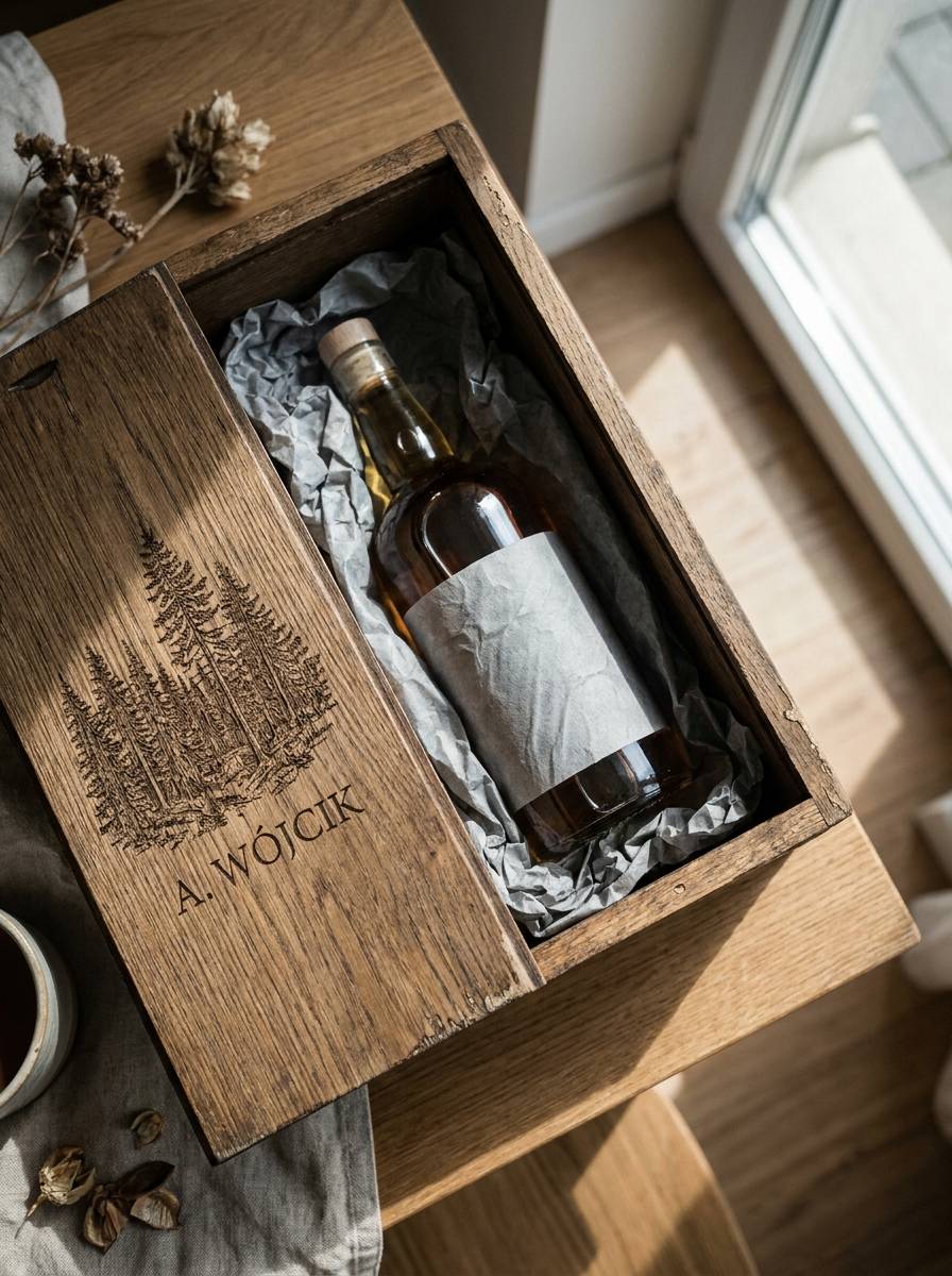 Drewniana skrzynka z grawerem i butelką alkoholu jako prezent urodzinowy dla przyjaciela