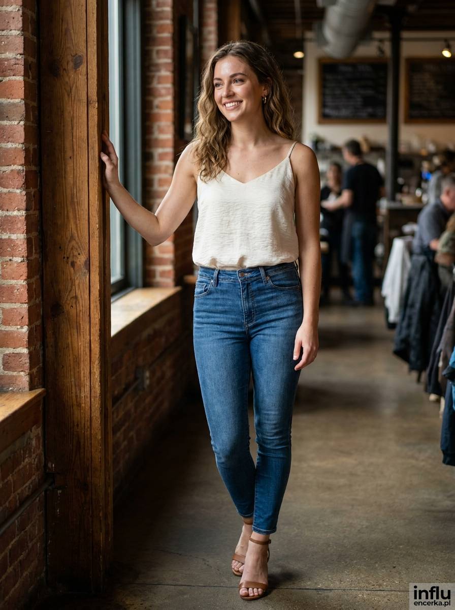 Kobieta w smart casual - jeansy i jedwabny top na stylizację na 18 urodziny