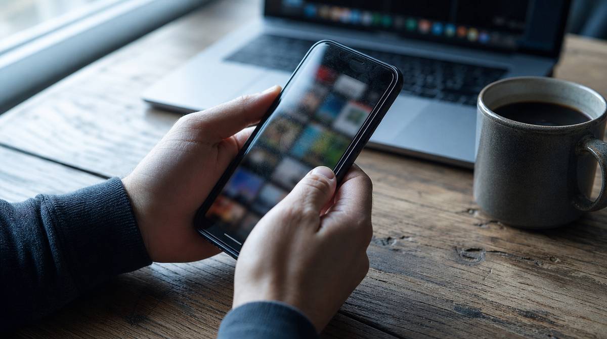 Dłonie trzymające smartfon z rozmytym kolorowym feedem social media na ekranie