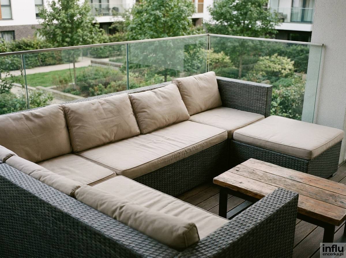 Narożna sofa modułowa z technorattanu na dużym tarasie w bloku