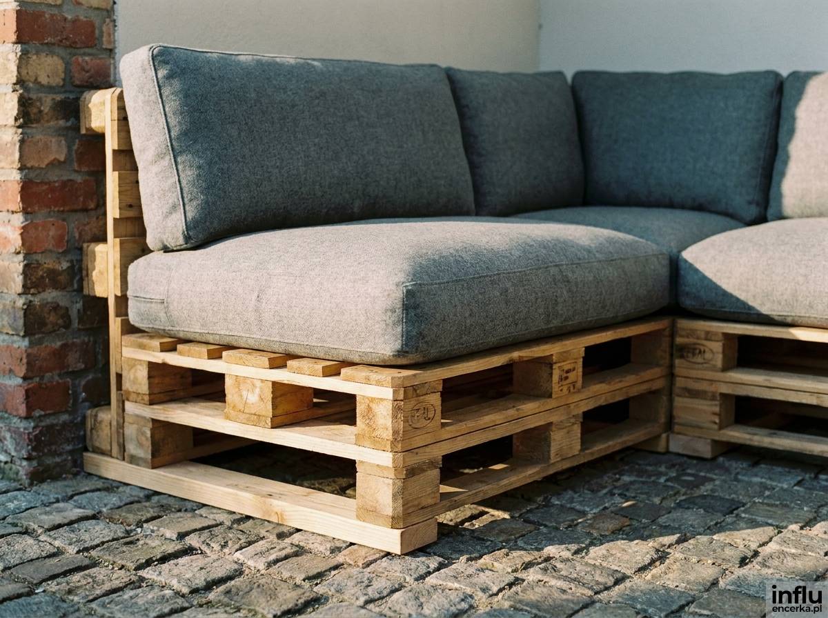 Sofa z drewnianych palet w industrialnej aranżacji małego tarasu
