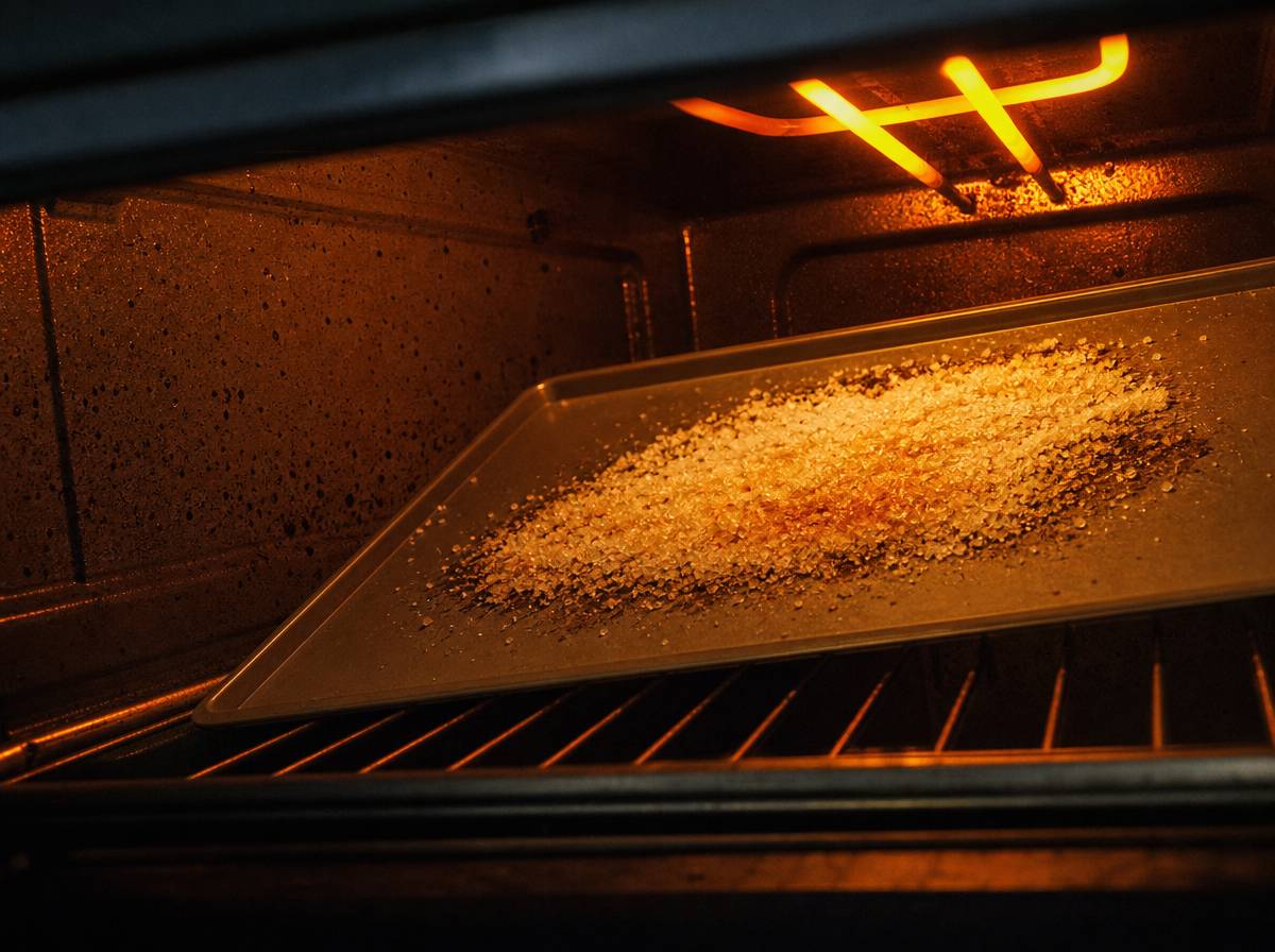 Sól kuchenna nasypana na przypaloną blachę wewnątrz rozgrzanego piekarnika
