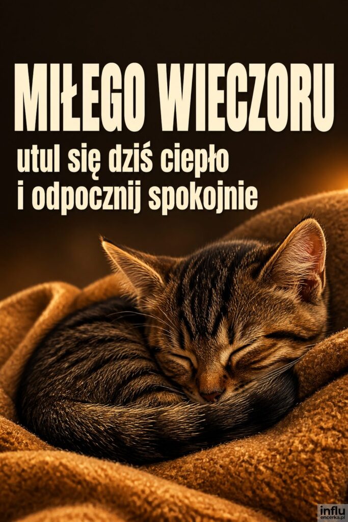Śpiący zwinięty kotek na kocu w ciepłym świetle z napisem „MIŁEGO WIECZORU” w kremowej bieli.