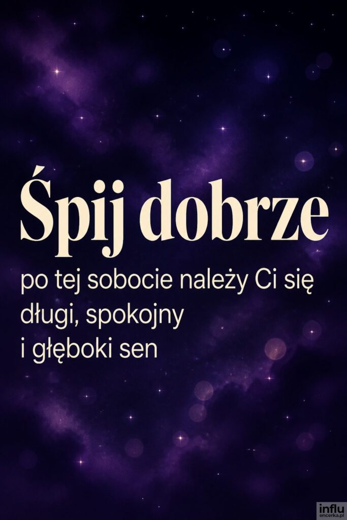 Fioletowo-czarne nocne tło z bokeh i napisem „Śpij dobrze” w kremowym kolorze.