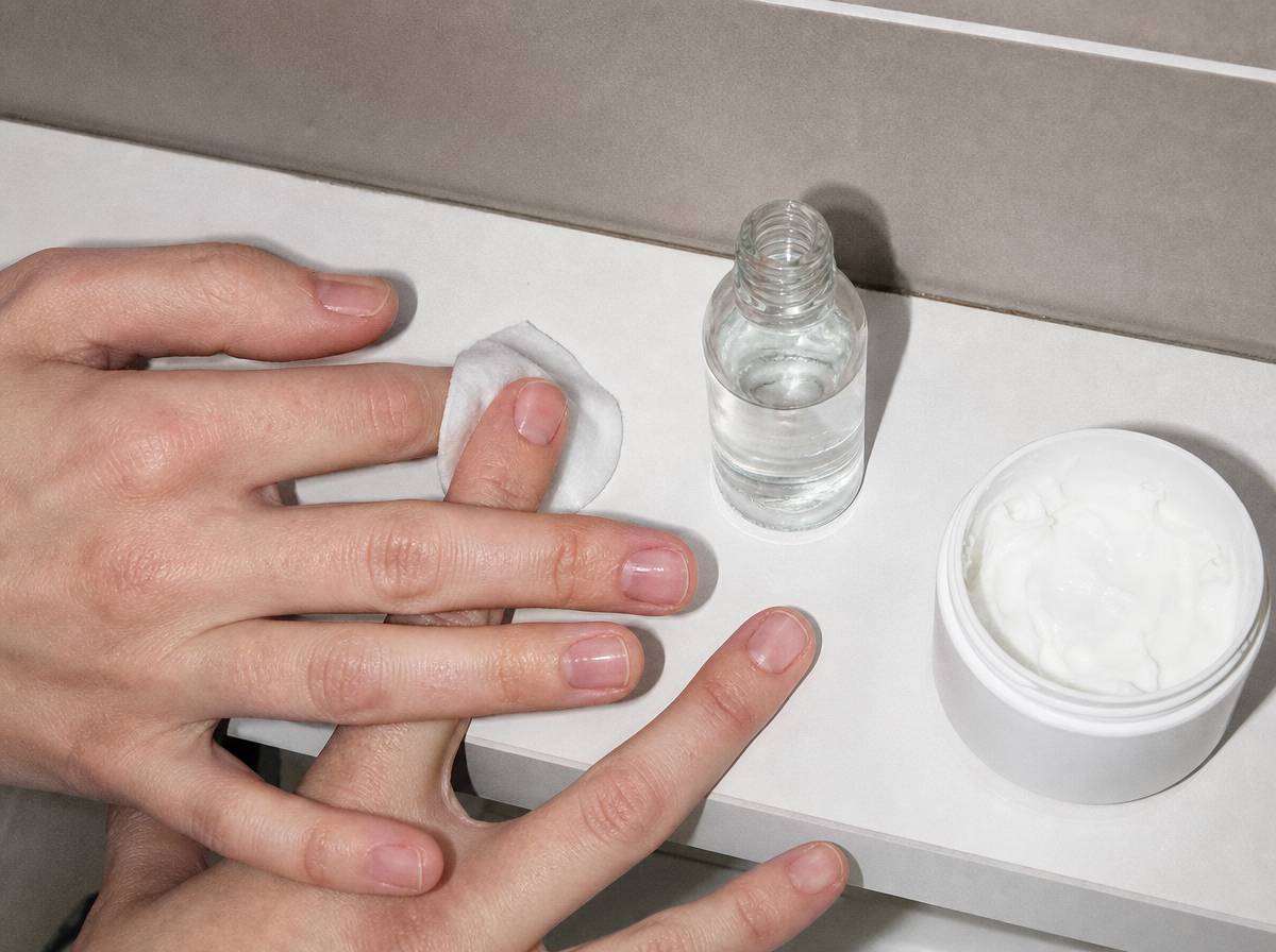 Nakładanie spirytusu salicylowego na paznokieć przed odtłuszczeniem hybrydy