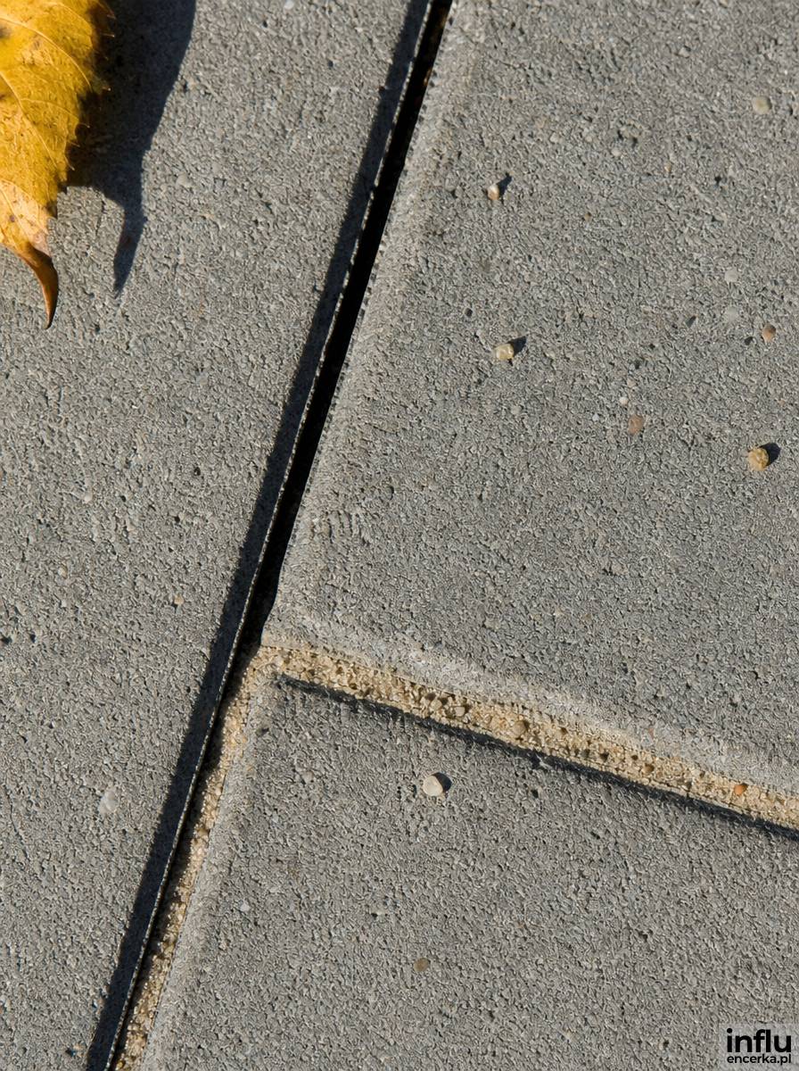 Zbliżenie na wąską i szeroką spoinę między kostkami chodnika