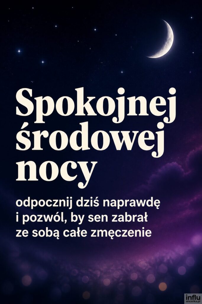 Granatowo-fioletowe nocne tło z księżycem i nagłówkiem „Spokojnej środowej nocy”.