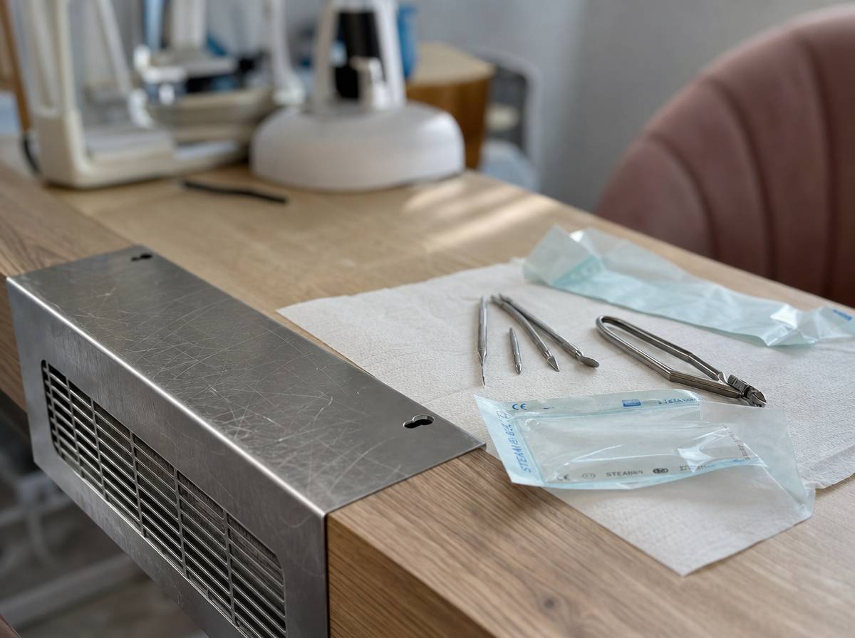 Stanowisko manicure z odciągiem pyłu i sterylnymi narzędziami jednorazowymi