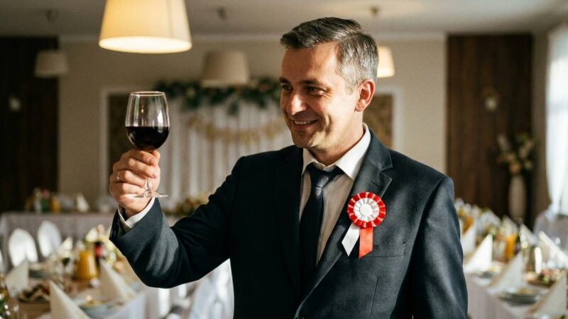 Starosta weselny w garniturze z kokardą wznosi toast na sali weselnej