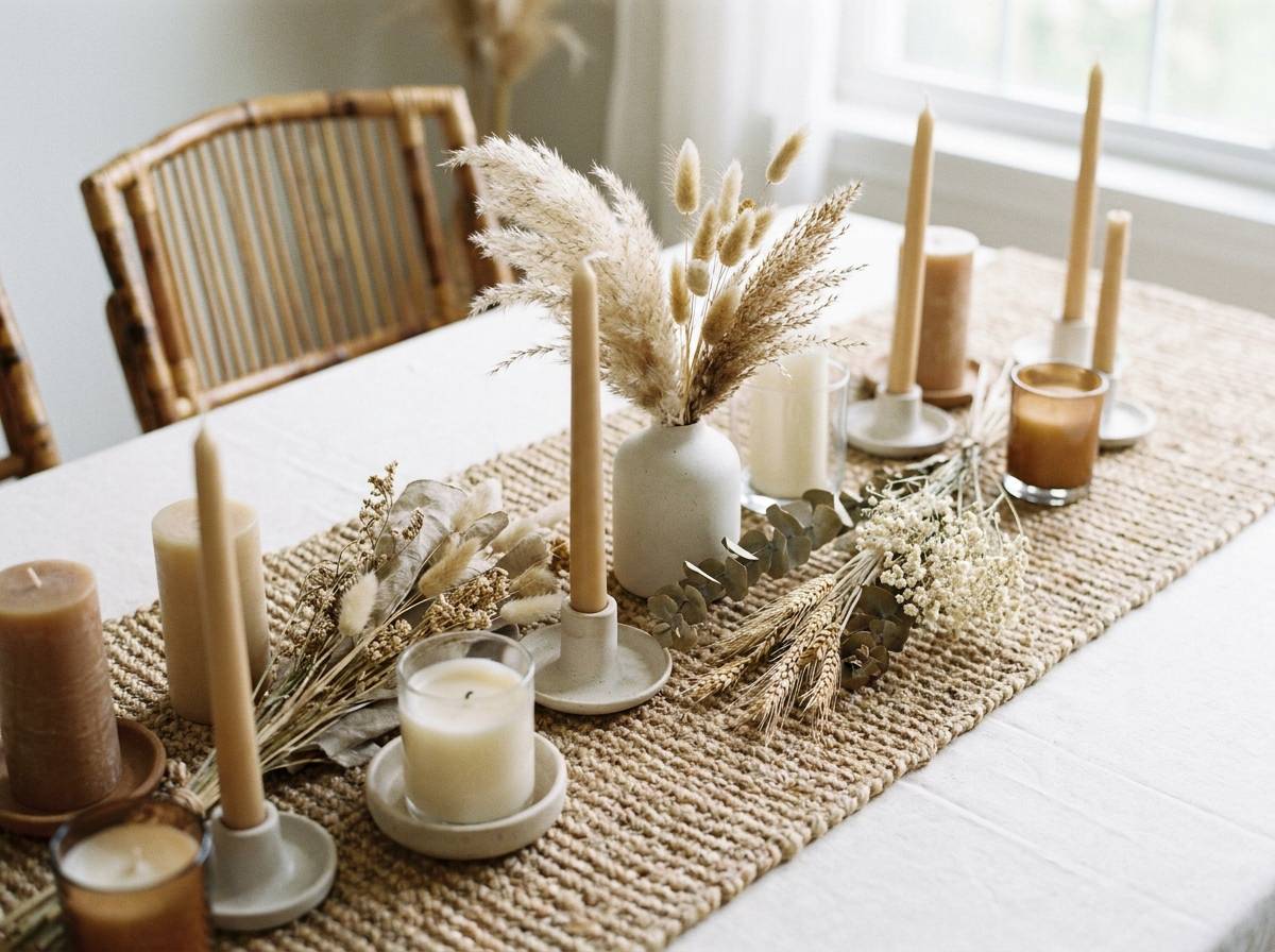 Stół w stylu boho z jutowym bieżnikiem i suszonymi kwiatami