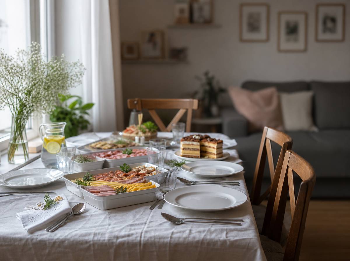 Nakryty stół z cateringiem przygotowany na domowe przyjęcie chrzcinowe