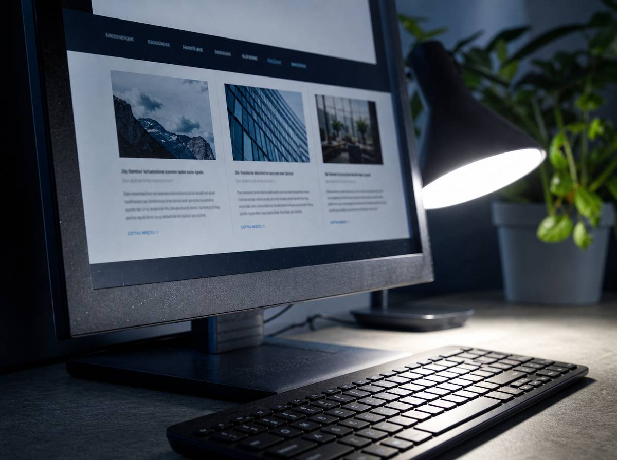 Monitor z rozbudowaną stroną firmową zawierającą menu z zakładkami i listę wpisów blogowych