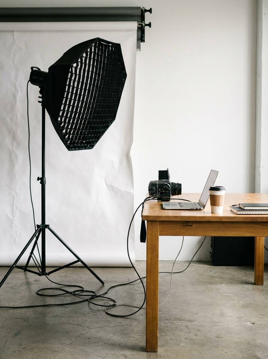 Przygotowane studio z lampą i tłem do sesji fotograficznej portretowej