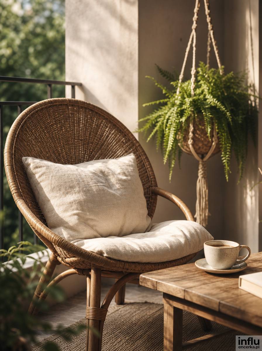 Balkon w stylu boho z rattanowym fotelem i lnianą poduszką
