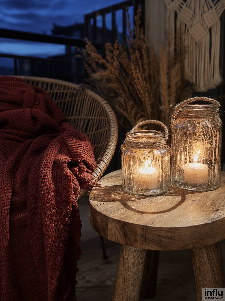 Wieczorny balkon boho z makramą i lampionami ze świecami
