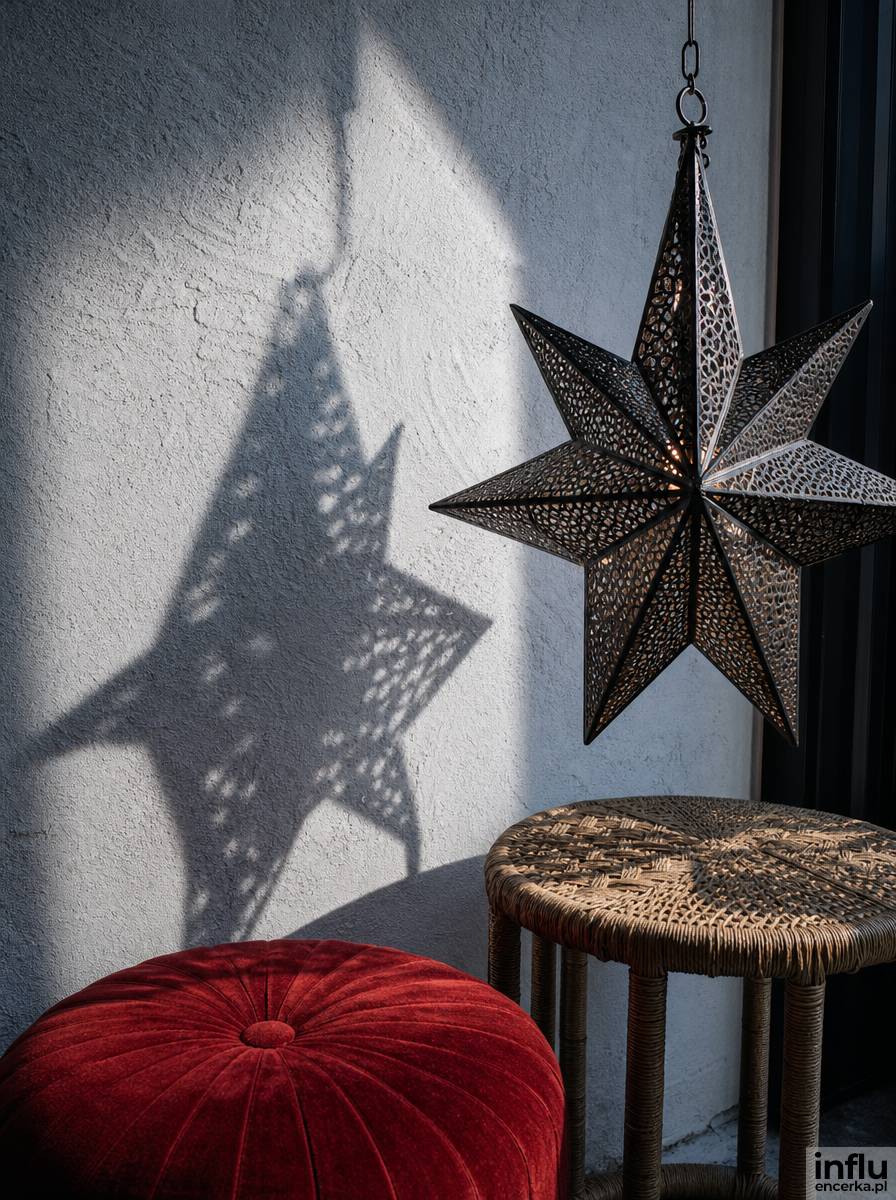 Balkon marokański z metalowym lampionem ażurowym