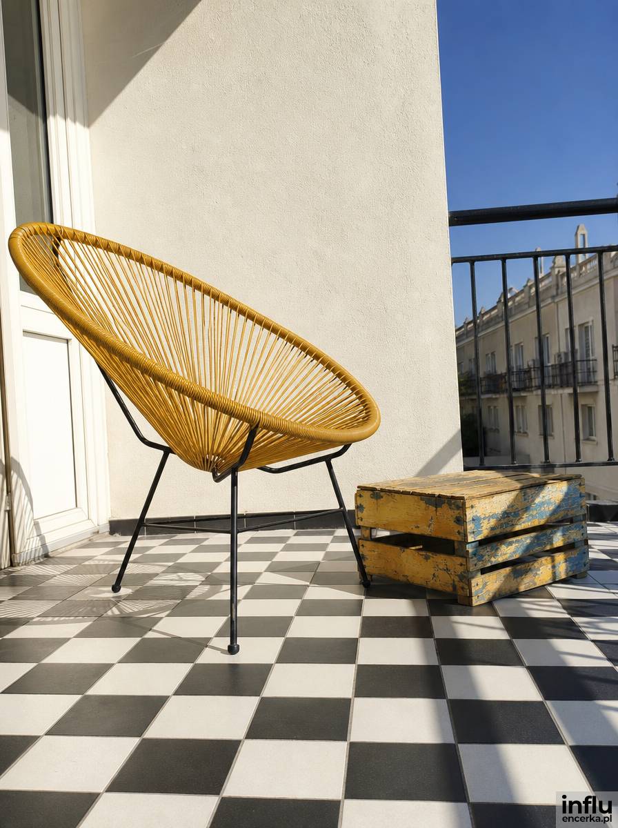 Balkon retro z fotelem Acapulco i podłogą w szachownicę