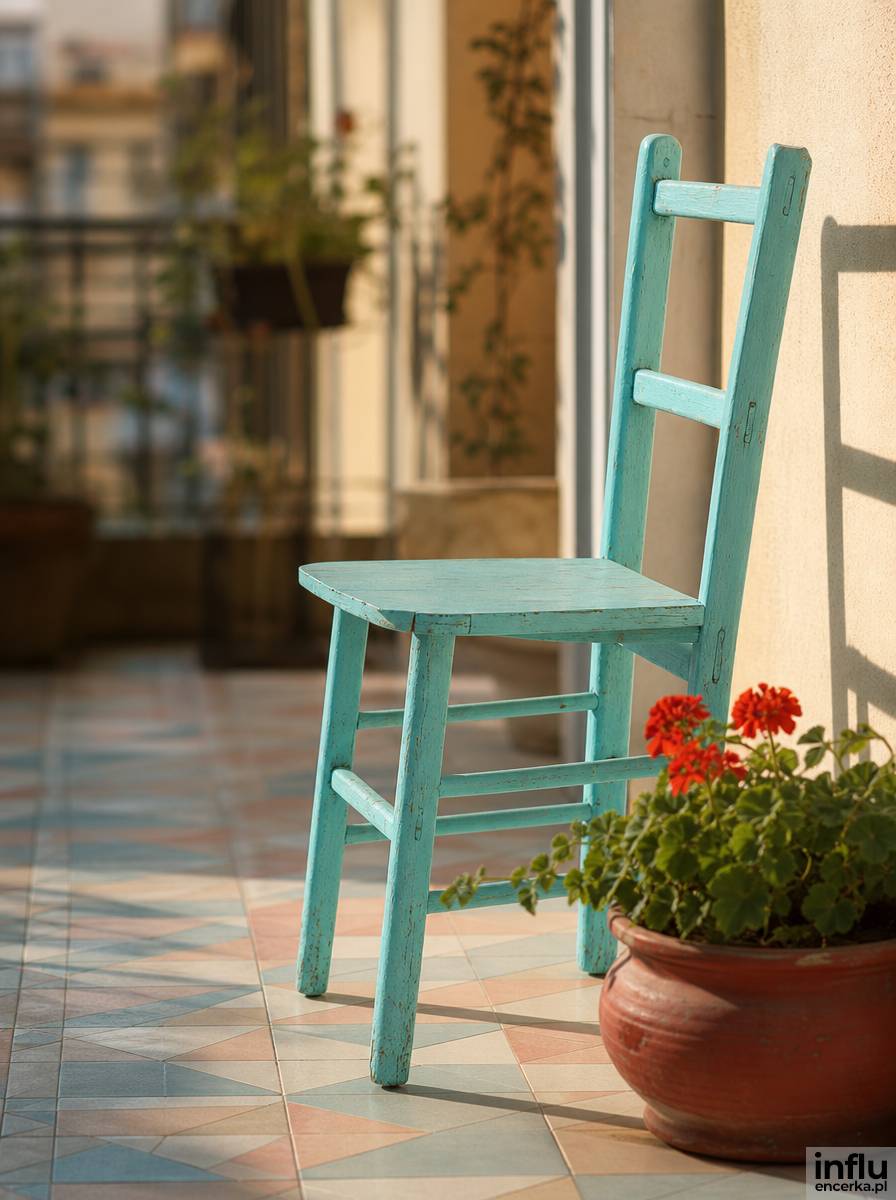 Balkon retro z krzesłem patyczak na pastelowych płytkach