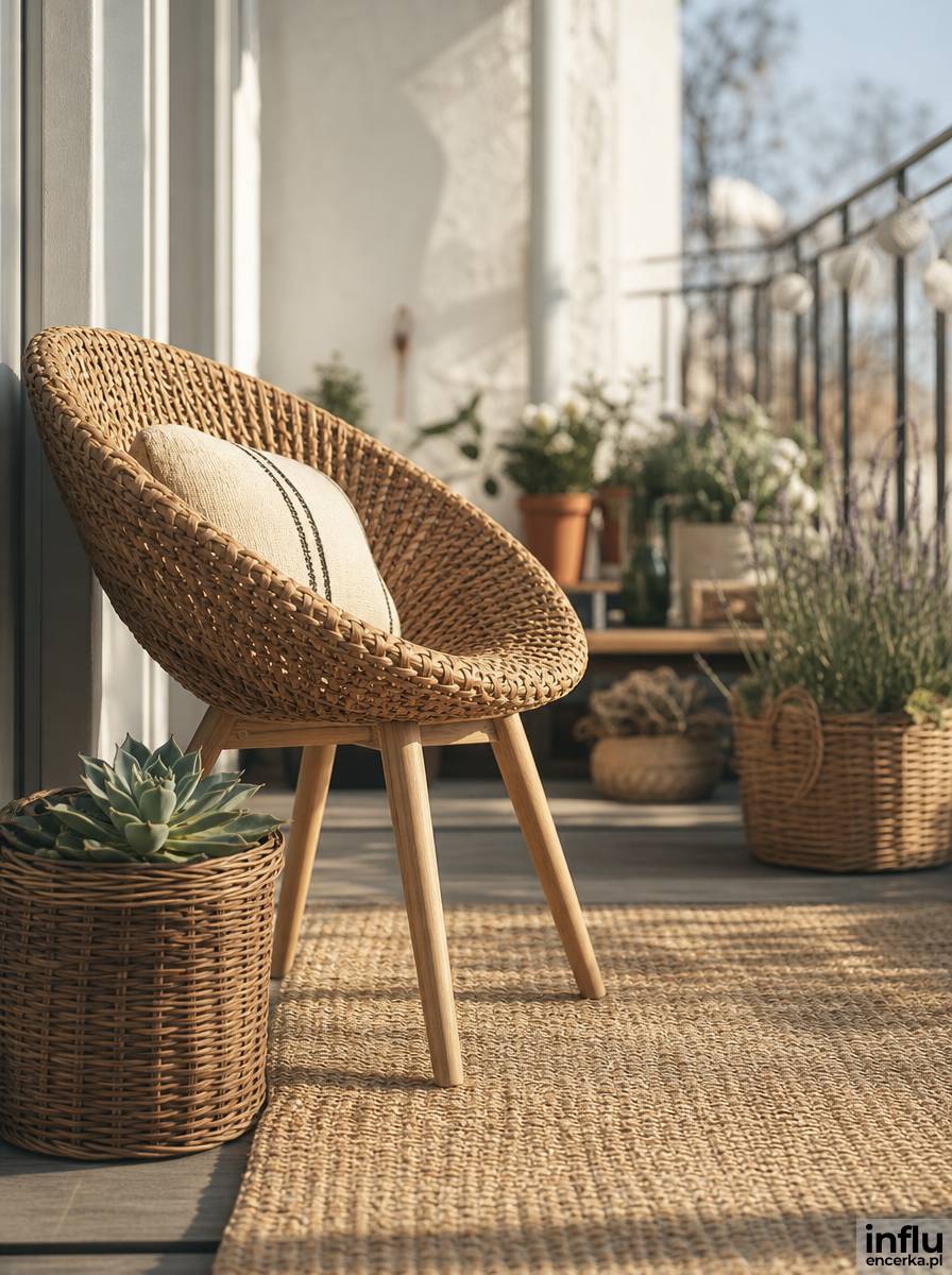Balkon scandi boho z rattanowym fotelem i plecionym koszem