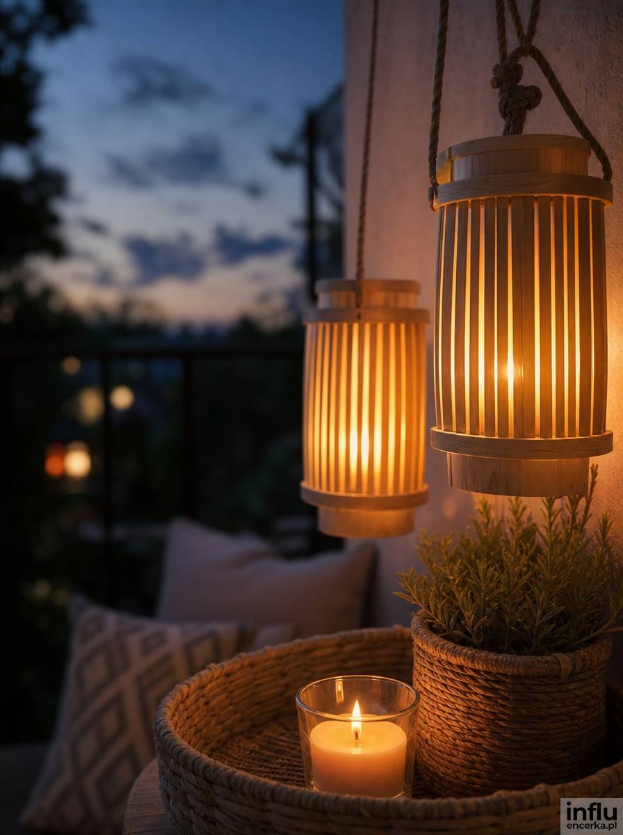 Wieczorny balkon scandi boho z drewnianymi lampionami