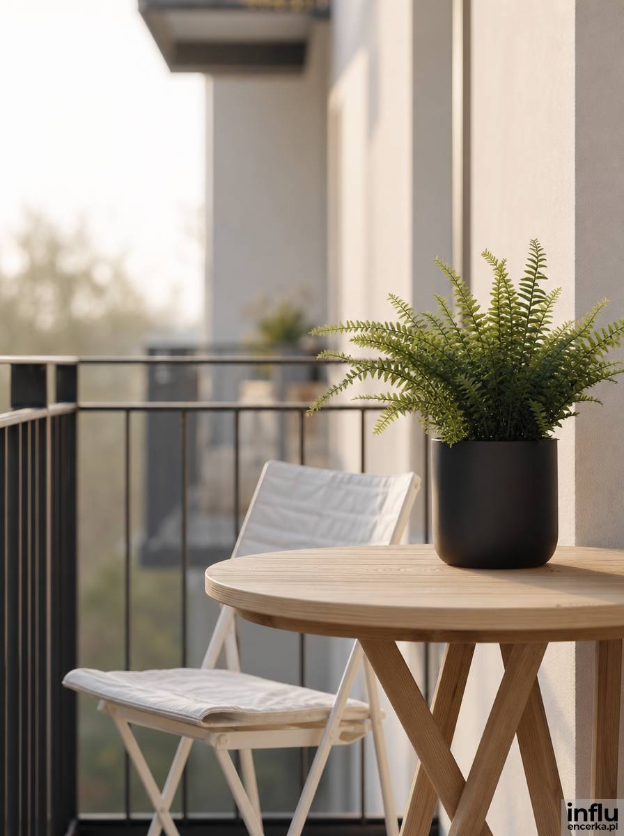 Skandynawski balkon z drewnianym stolikiem i czarną donicą jako akcentem
