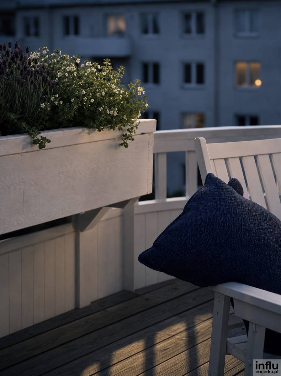 Skandynawski balkon wieczorem z granatową poduchą i białą skrzynką na kwiaty