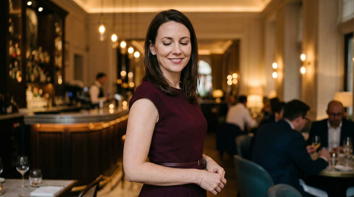 Kobieta w eleganckiej sukience bordo jako inspiracja, jak się ubrać na 30 urodziny