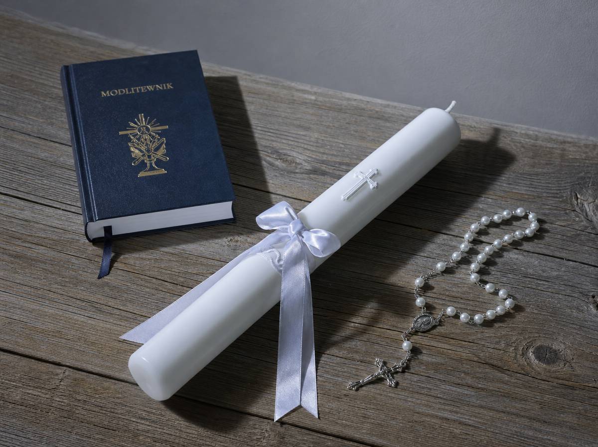 Świeca chrzcielna przygotowana na stoliku przed ceremonią