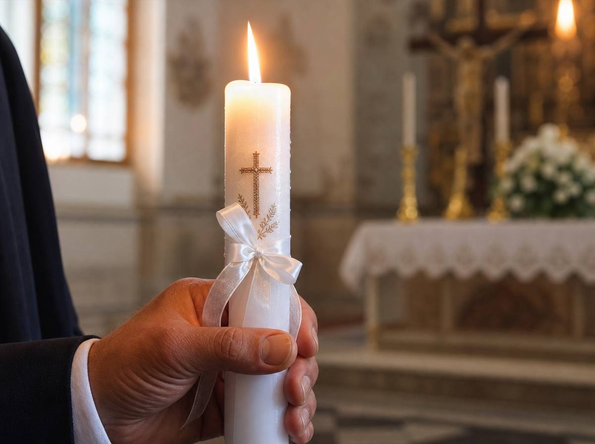 Zapalona świeca chrzcielna trzymana w dłoni podczas ceremonii chrztu