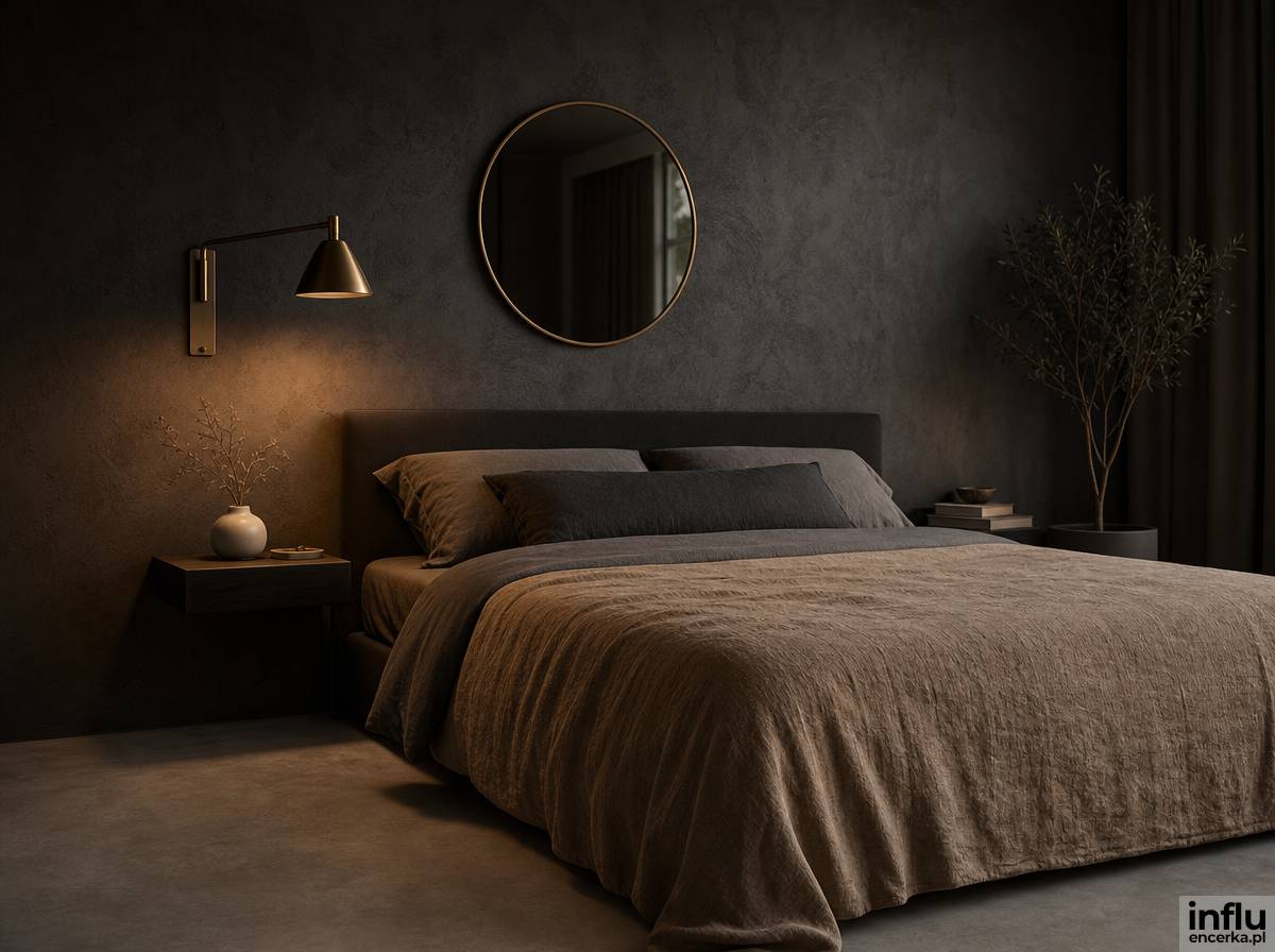 Monochromatyczna sypialnia loft w odcieniach czerni i szarości z mosiężnymi dodatkami