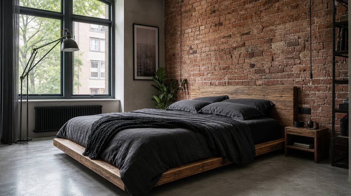 Sypialnia w stylu loft z ceglaną ścianą, betonową podłogą i drewnianymi akcentami