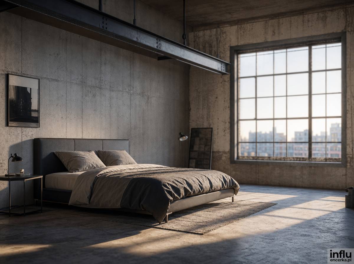 Przestronna sypialnia loft z wysokim sufitem i dużym oknem doświetlającym wnętrze