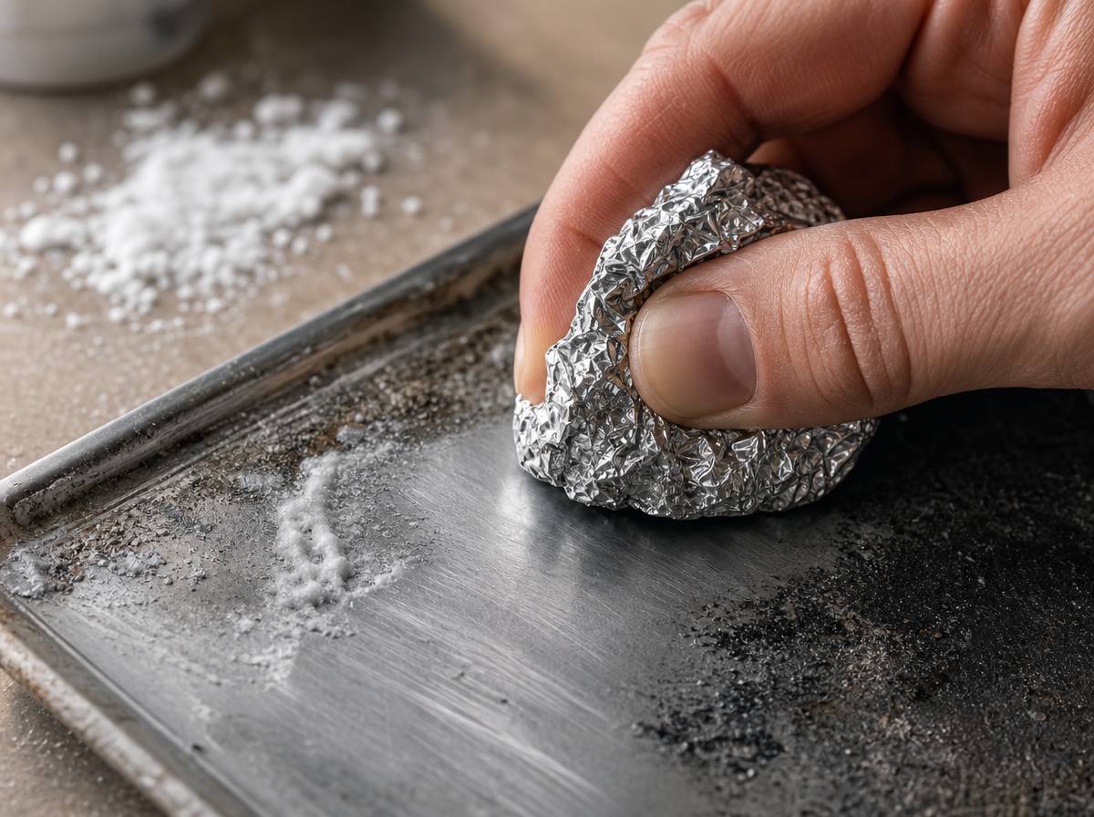 Szorowanie zaschniętego nagaru na blasze zgniecioną kulką folii aluminiowej