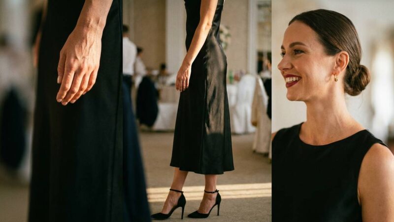 Elegancka stylizacja butów do czarnej sukienki na wesele - szpilki i pełna sylwetka